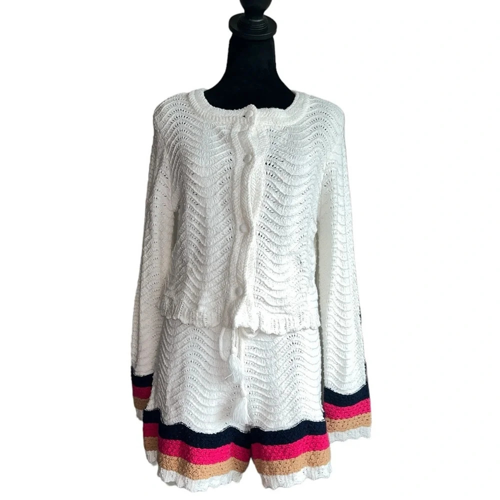 House of Harlow 1960 White Knit Shorts with Multicolor Stripe Trim